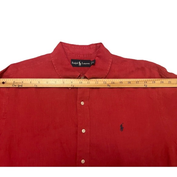 Vintage 90s Polo Ralph Lauren 100% Linen Button Down Shirt XL Red Burgundy Pony - Picture 7 of 10